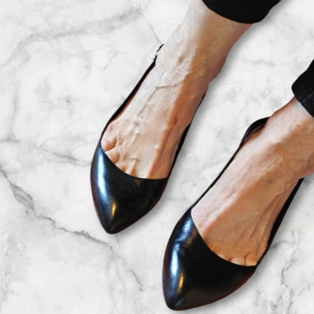 :10: Franco Sarto Black Leather Slingback Pumps.
